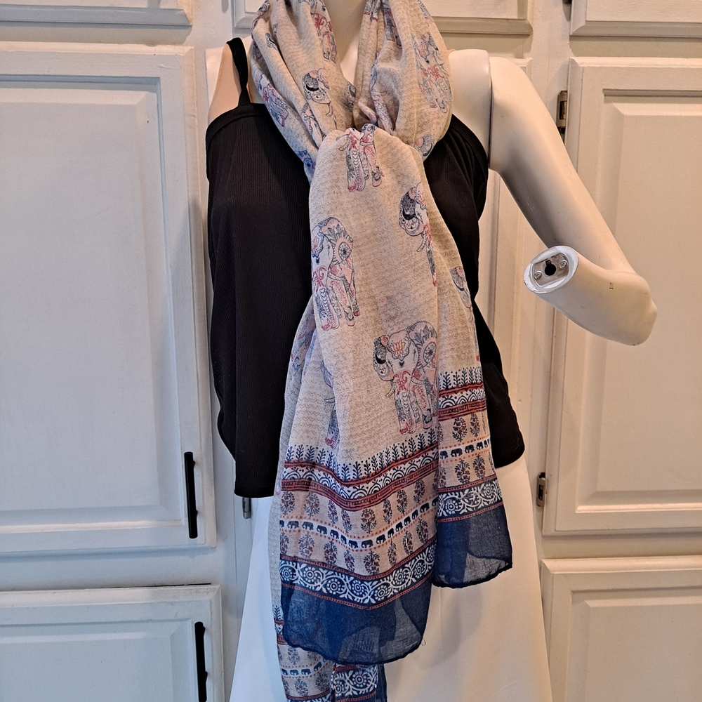 Red Camel Elephant Print Scarf - Cream, Red, and Blue Wrap
